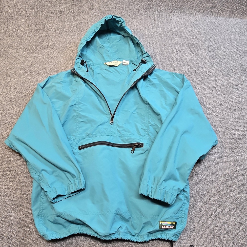 Vintage L.L. Bean Jacket Womens Medium Teal Hooded Anorak Pullover 1/2 Zip USA